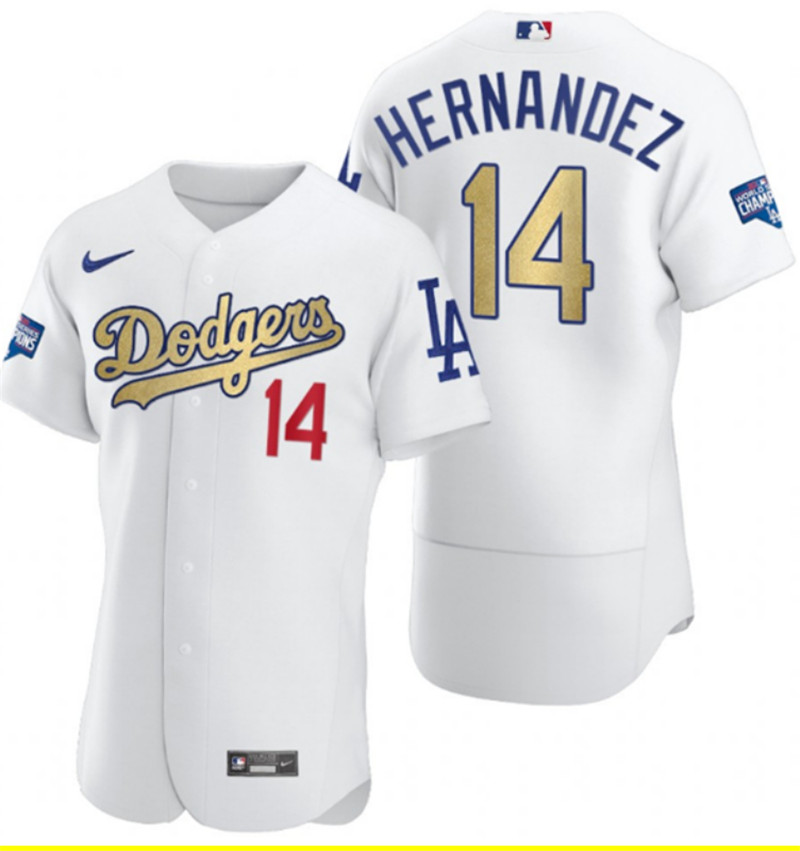 Dodgers 14 Enrique Hernandez White Gold Nike 2020 World Series Champions Flexbase Jersey