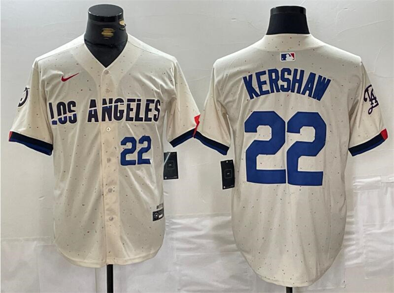 Dodgers 22 Clayton Kershaw Number Cream Nike 2024 City Connect Cool Base Jersey