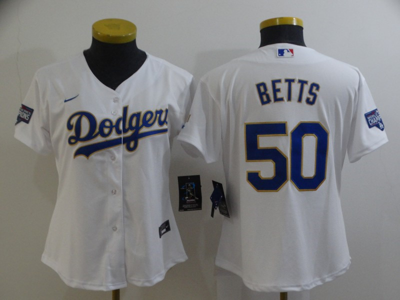 Dodgers 50 Mookie Betts White Women Nike 2021 Gold Program Cool Base Jersey