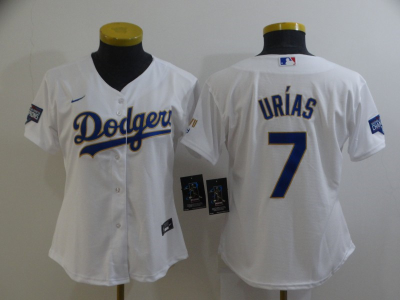 Dodgers 7 Julio Urias White Women Nike 2021 Gold Program Cool Base Jersey