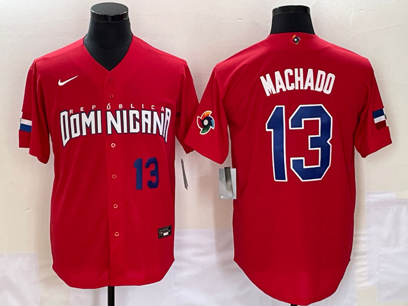 Dominican Republic 13 Manny Machado Red Nike 2023 World Baseball Classic Jerseys