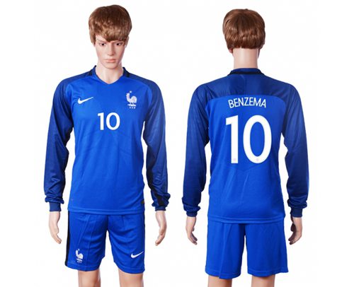 France 10 Benzema Home Long Sleeves Soccer Country Jersey
