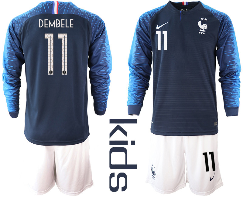 France 11 DEMBELE Home Youth 2018 FIFA World Cup Long Sleeve Soccer Jersey