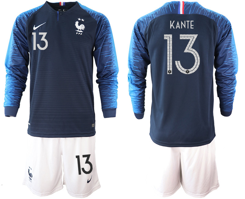 France 13 KANTE 2 Star Home Long Sleeve 2018 FIFA World Cup Soccer Jersey