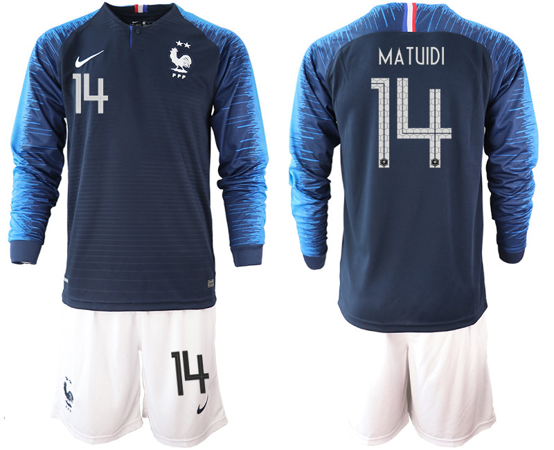 France 14 MATUIDI 2 Star Home Long Sleeve 2018 FIFA World Cup Soccer Jersey