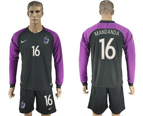 France 16 Mandanda Black Goalkeeper Long Sleeves Soccer Country Jersey