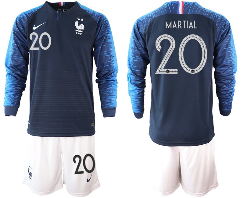 France 20 MARTIAL 2 Star Home Long Sleeve 2018 FIFA World Cup Soccer Jersey