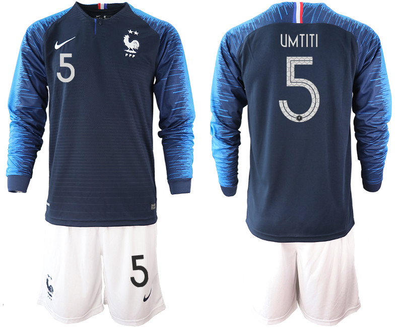 France 5 UMTITI 2 Star Home Long Sleeve 2018 FIFA World Cup Soccer Jersey
