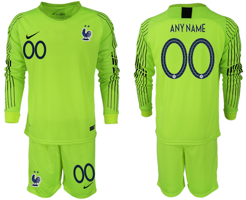 France Customized 2018 FIFA World Cup Fluorescent Green Goalkeeper Long Sleeve Soccer Jersey