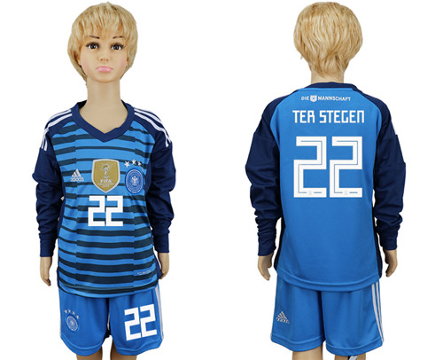 Germany 22 TER STEGEN Goalkeeper 2018 FIFA World Cup Youth Long Sleeve Soccer Jersey