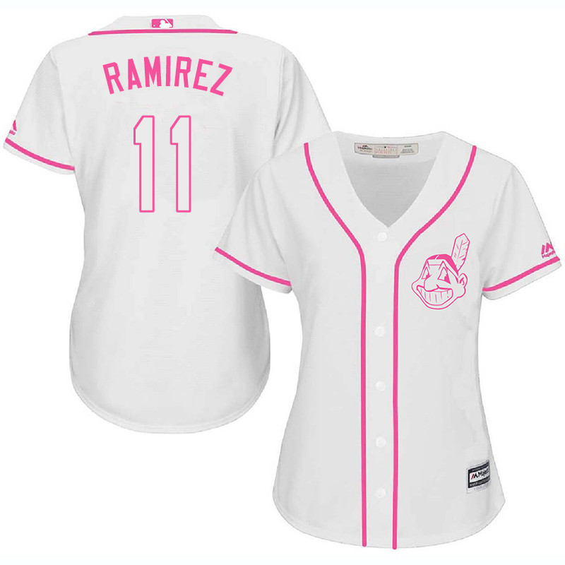 Indians 11 Juan Ramirez White Pink Women Cool Base Jersey