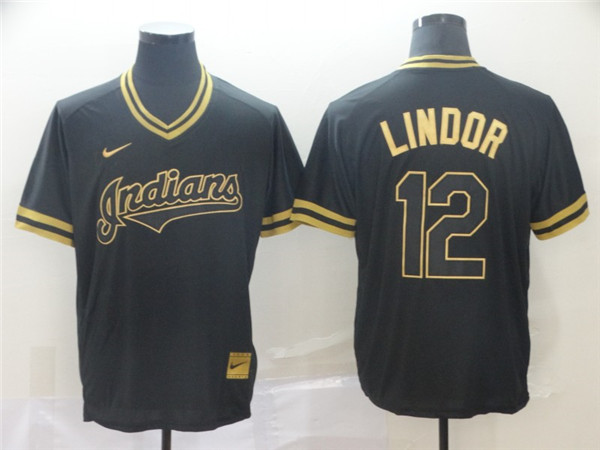 Indians 12 Francisco Lindor Black Gold Nike Cooperstown Collection Legend V Neck Jersey