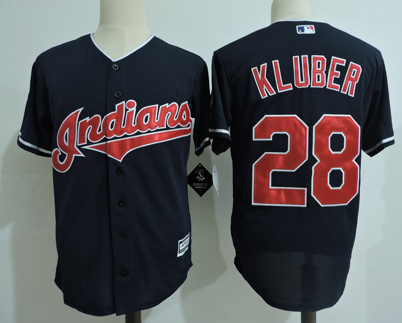 Indians 28 Corey Kluber Navy Cool Base Jersey