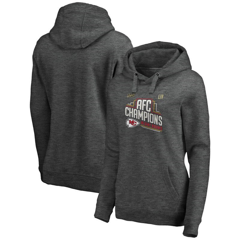 Kansas City Chiefs NFL Pro Line by Fanatics Branded Women's 2019 AFC Champions Trophy Collection Locker Room Crossover V Neck Pullover Hoodie Heather Charcoal
