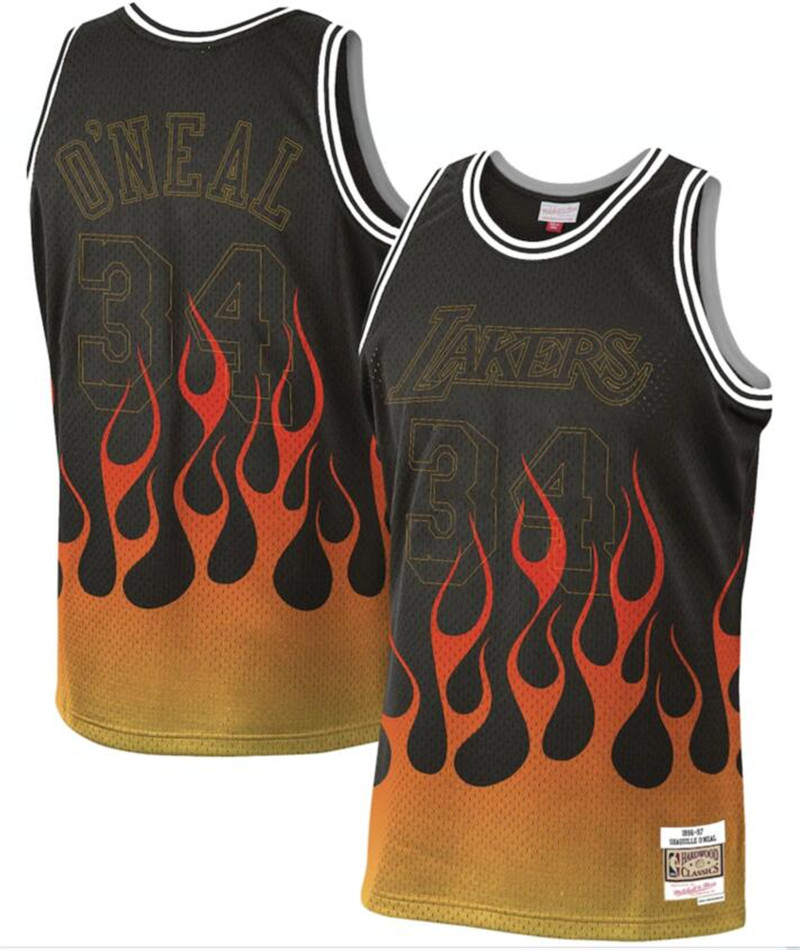 Lakers 34 Shaquille O'Neal Black 1996 97 Hardwood Classics Flames Swingman Jersey