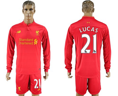 Liverpool 21 Lucas Home Long Sleeves Soccer Club Jersey