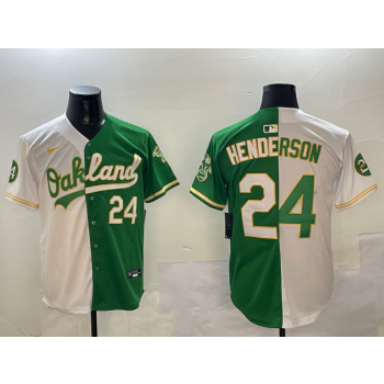 MLB Athletics 24 Rickey Henderson Green White Split Nike Cool Base Men Jersey