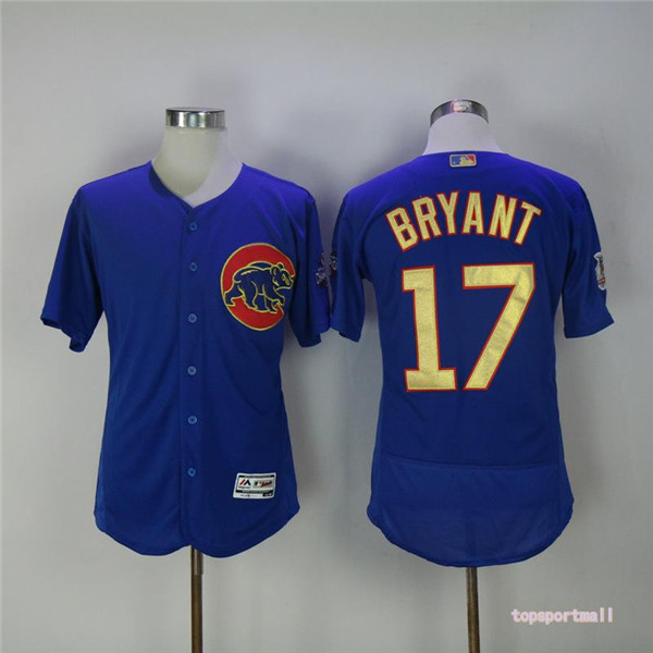 MLB Chicago Cubs 17 Kris Bryant Blue Gold Pinstripe Flexbase Baseball Jersey