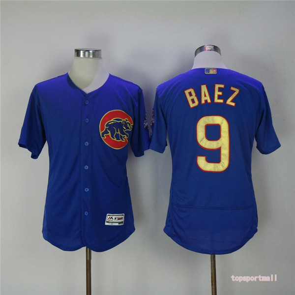 MLB Chicago Cubs 9 Javier Baez Blue Gold Pinstripe Flexbase Baseball Jersey