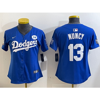 MLB Dodgers 13 Max Muncy Blue 2024 World Series with 34 Patch Nike Cool Base Women Jersey