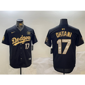 MLB Dodgers 17 Shohei Ohtani Black Gold 2024 World Series with 34 Patch Nike Cool Base Jersey