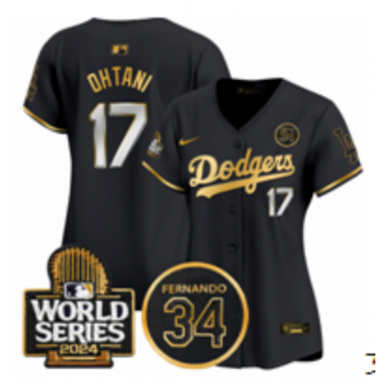 MLB Dodgers 17 Shohei Ohtani Black Gold 2024 World Series with 34 Patch Nike Cool Base Women Jersey