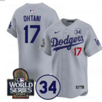 MLB Dodgers 17 Shohei Ohtani Grey 2024 World Series with 34 Patch Nike Cool Base Jersey