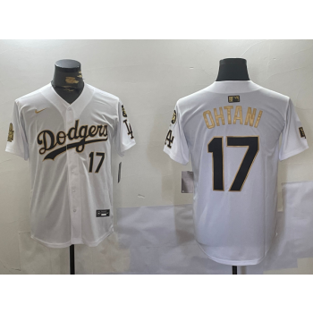 MLB Dodgers 17 Shohei Ohtani White Gold 2024 World Series with 34 Patch Cool Base Jersey