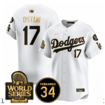 MLB Dodgers 17 Shohei Ohtani White Gold 2024 World Series with 34 Patch Nike Cool Base Jersey