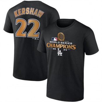 MLB Dodgers 22 Clayton Kershaw Black 2024 World Series Champions Name & Number T Shirt