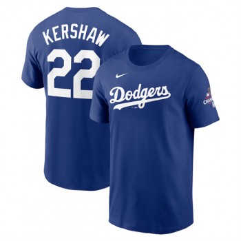 MLB Dodgers 22 Clayton Kershaw Royal 2024 World Series Champions Name & Number T Shirt