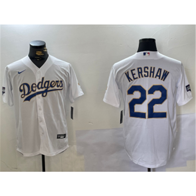 MLB Dodgers 22 Clayton Kershaw White Gold Nike Cool Base Jersey