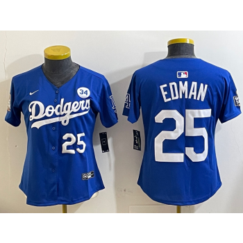 MLB Dodgers 25 Tommy Edman Blue 2024 World Series with 34 Patch Nike Cool Base Women Jersey