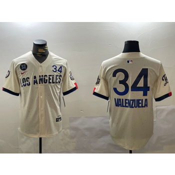 MLB Dodgers 34 Fernando Valenzuela Cream 2024 World Series with 34 Patch Nike Cool Base Jersey