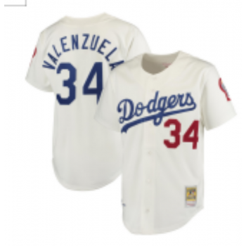 MLB Dodgers 34 Fernando Valenzuela Cream Throwback Jersey