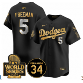 MLB Dodgers 5 Freddie Freeman Black Gold 2024 World Series Nike Cool Base Jersey
