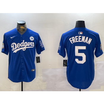 MLB Dodgers 5 Freddie Freeman Blue 2024 World Series Champion Nike Cool Base Jersey with 34 Patch
