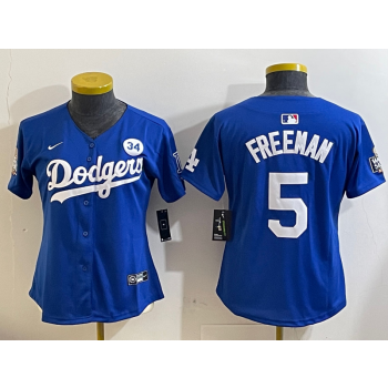 MLB Dodgers 5 Freddie Freeman Blue 2024 World Series with 34 Patch Nike Cool Base Women Jersey