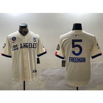 MLB Dodgers 5 Freddie Freeman Cream 2024 World Series with 34 Patch Nike Cool Base Jersey
