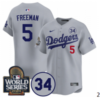 MLB Dodgers 5 Freddie Freeman Gray 2024 World Series with 34 Patch Nike Cool Base Jersey