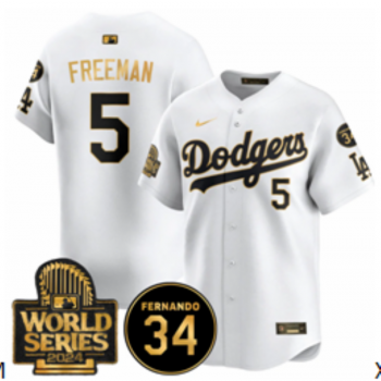 MLB Dodgers 5 Freddie Freeman White Gold 2024 World Series with 34 Patch Cool Base Jersey