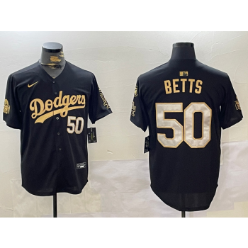 MLB Dodgers 50 Mookie Betts Black Gold 2024 World Series Nike Cool Base Jersey