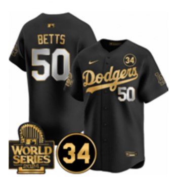 MLB Dodgers 50 Mookie Betts Black Gold 2024 World Series with 34 Patch Nike Cool Base Jersey
