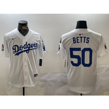 MLB Dodgers 50 Mookie Betts White 2024 World Series with 34 Patch Nike Cool Base Jersey