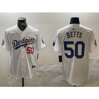 MLB Dodgers 50 Mookie Betts White Gold 2024 World Series Nike Cool Base Jersey