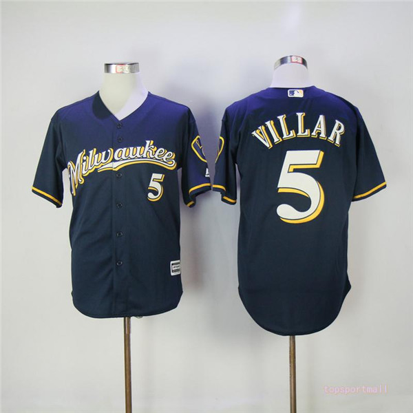 MLB Milwaukee Brewers 5 Jonathan Villar Navy Blue Cool Base Baseball Jersey