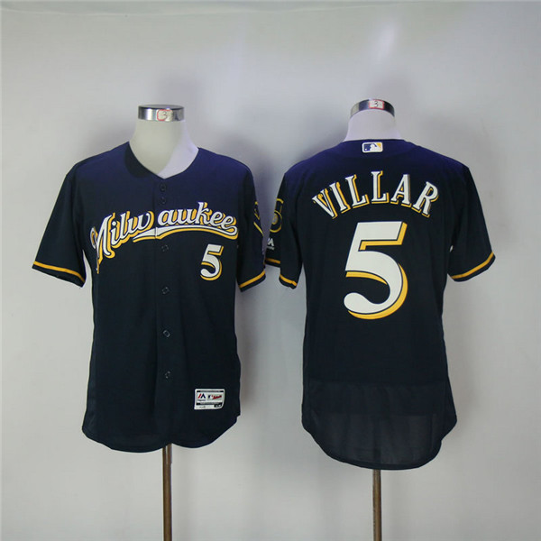 MLB Milwaukee Brewers 5 Jonathan Villar Navy Blue Pinstripe Flexbase Baseball Jersey