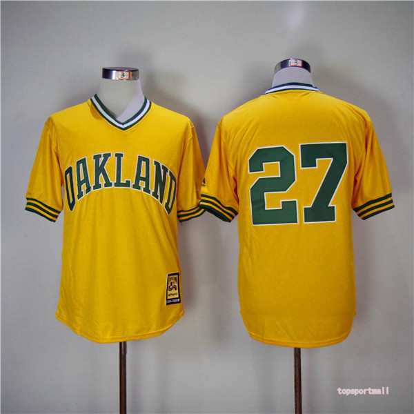 MLB Oakland Athletics 27 Catfish Hunter Yellow Pullover 1981 Throwback Baseball Jersey