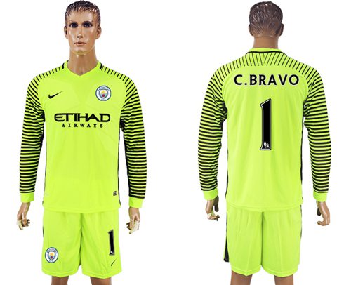 Manchester City 1 C Bravo Green Goalkeeper Long Sleeves Soccer Club Jersey