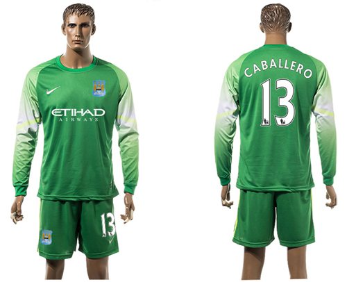 Manchester City 13 Caballero Green Goalkeeper Long Sleeves Soccer Club Jersey
